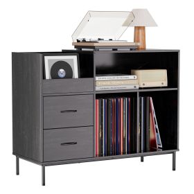 Record Player Stand with Power Outlet & Flip-Down Lid, Turntable Table with Storage for 300+ Vinyls, Black Wood Grain Media Console with 2 Drawer