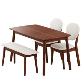 1 Table 2 Chairs 1 Bench Dining Set, Rubber Wood Frame With Beige Upholstered Seats, Deep Walnut Finish Rectangular Kitchen Dining Furniture (Option: defaulttitle)